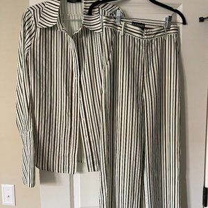 Kittenish Brown & Green Striped Shirt & Wide Leg Trouser, Size XS
